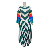 Women's Fashion V Neck Bell Bottom Sleeves Contrast Color Maxi Dress Slim Waist Dress