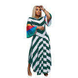 Women's Fashion V Neck Bell Bottom Sleeves Contrast Color Maxi Dress Slim Waist Dress