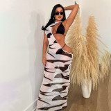 Women's Summer Digital Printing Irregular Mesh Dress Bikini Three-Piece