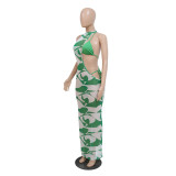 Women's Summer Digital Printing Irregular Mesh Dress Bikini Three-Piece