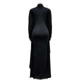 Women's fashion solid color bat style long-sleeved long dress