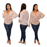 Women's Deep V Pleated Loose Ladies Chic Sequin Long Sleeve Shirt