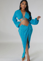 Women's Fashion Summer Solid Casual Long Sleeve Sexy Two-Piece Skirt Set Women's Fashion Summer Solid Casual Long Sleeve Sexy Two-Piece Skirt Set