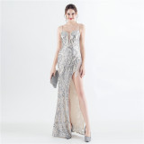 Bead Flower Sequin Elegant Herringbone Evening Dress