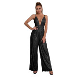 Deep V Neck Low Back Sleeveless Chic Sequined Straps Elegant Women's Party Jumpsuit
