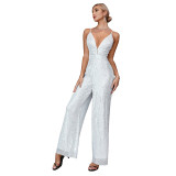 Deep V Neck Low Back Sleeveless Chic Sequined Straps Elegant Women's Party Jumpsuit