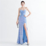 Sexy Sequins Side Slit Strapless Elegant Herringbone Evening Gown