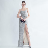 Fashion Pleated Sequin Flower Slit Elegant Straps Evening Dress
