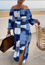 Fall Casual Print Off Shoulder Long Sleeve Slit Holidays Maxi Skirt Two-Piece Set Fall Casual Print Off Shoulder Long Sleeve Slit Holidays Maxi Skirt Two-Piece Set