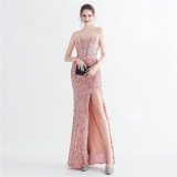 Sexy Sequins Side Slit Strapless Elegant Herringbone Evening Gown