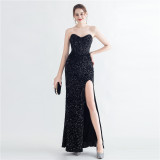 Sexy Sequins Side Slit Strapless Elegant Herringbone Evening Gown