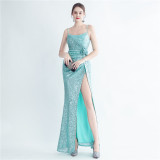 Fashion Pleated Sequin Flower Slit Elegant Straps Evening Dress