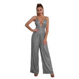 Deep V Neck Low Back Sleeveless Chic Sequined Straps Elegant Women's Party Jumpsuit