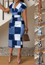 Women's Fashion Chic V Neck Slim Print Dress