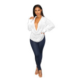 Women's Deep V Pleated Loose Ladies Chic Sequin Long Sleeve Shirt