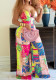 Metal Strap Deep V Wide-Leg Pants Printed Long Jumpsuit