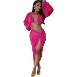 Women's Fashion Summer Solid Casual Long Sleeve Sexy Two-Piece Skirt Set