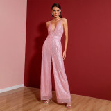 Deep V Neck Low Back Sleeveless Chic Sequined Straps Elegant Women's Party Jumpsuit