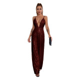 Deep V Neck Low Back Sleeveless Chic Sequined Straps Elegant Women's Party Jumpsuit