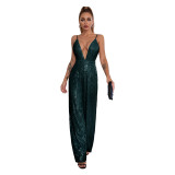 Deep V Neck Low Back Sleeveless Chic Sequined Straps Elegant Women's Party Jumpsuit