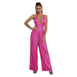Deep V Neck Low Back Sleeveless Chic Sequined Straps Elegant Women's Party Jumpsuit