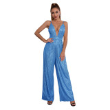Deep V Neck Low Back Sleeveless Chic Sequined Straps Elegant Women's Party Jumpsuit