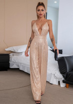 Deep V Neck Low Back Sleeveless Chic Sequined Straps Elegant Women's Party Jumpsuit