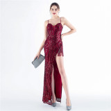 Bead Flower Sequin Elegant Herringbone Evening Dress