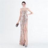 Bead Flower Sequin Elegant Herringbone Evening Dress