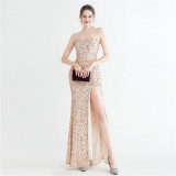 Sexy Sequins Side Slit Strapless Elegant Herringbone Evening Gown