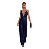 Deep V Neck Low Back Sleeveless Chic Sequined Straps Elegant Women's Party Jumpsuit