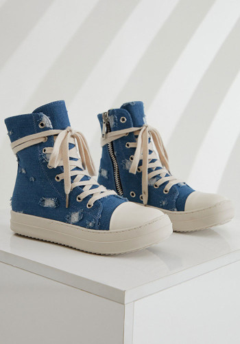 Platform Canvas Shoes Women's Washed Couple High-Top Shoes Ripped Denim Style Trendy Shoes For Men