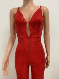 Deep V Neck Low Back Sleeveless Chic Sequined Straps Elegant Women's Party Jumpsuit