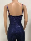 Deep V Neck Low Back Sleeveless Chic Sequined Straps Elegant Women's Party Jumpsuit
