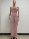 Deep V Neck Low Back Sleeveless Chic Sequined Straps Elegant Women's Party Jumpsuit