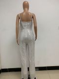 Deep V Neck Low Back Sleeveless Chic Sequined Straps Elegant Women's Party Jumpsuit