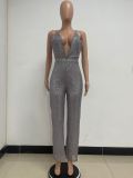Deep V Neck Low Back Sleeveless Chic Sequined Straps Elegant Women's Party Jumpsuit