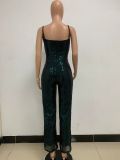 Deep V Neck Low Back Sleeveless Chic Sequined Straps Elegant Women's Party Jumpsuit