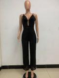 Deep V Neck Low Back Sleeveless Chic Sequined Straps Elegant Women's Party Jumpsuit