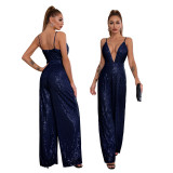 Deep V Neck Low Back Sleeveless Chic Sequined Straps Elegant Women's Party Jumpsuit