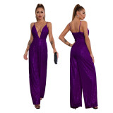 Deep V Neck Low Back Sleeveless Chic Sequined Straps Elegant Women's Party Jumpsuit