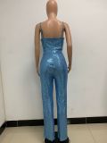 Deep V Neck Low Back Sleeveless Chic Sequined Straps Elegant Women's Party Jumpsuit