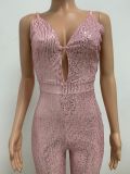 Deep V Neck Low Back Sleeveless Chic Sequined Straps Elegant Women's Party Jumpsuit