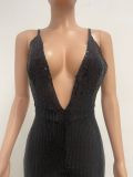 Deep V Neck Low Back Sleeveless Chic Sequined Straps Elegant Women's Party Jumpsuit
