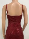 Deep V Neck Low Back Sleeveless Chic Sequined Straps Elegant Women's Party Jumpsuit