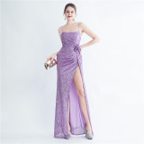 Fashion Pleated Sequin Flower Slit Elegant Straps Evening Dress