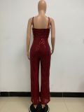 Deep V Neck Low Back Sleeveless Chic Sequined Straps Elegant Women's Party Jumpsuit