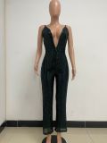 Deep V Neck Low Back Sleeveless Chic Sequined Straps Elegant Women's Party Jumpsuit