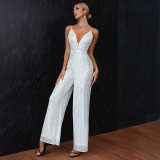 Deep V Neck Low Back Sleeveless Chic Sequined Straps Elegant Women's Party Jumpsuit