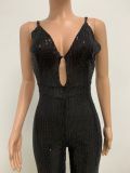 Deep V Neck Low Back Sleeveless Chic Sequined Straps Elegant Women's Party Jumpsuit